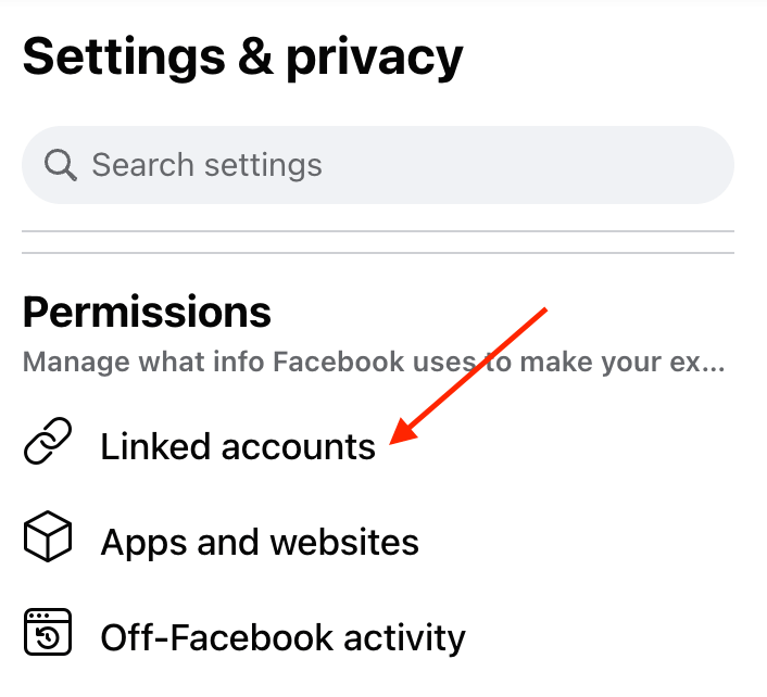 Screenshot of a Facebook account with a red arrow pointing to the 'Linked accounts' option.