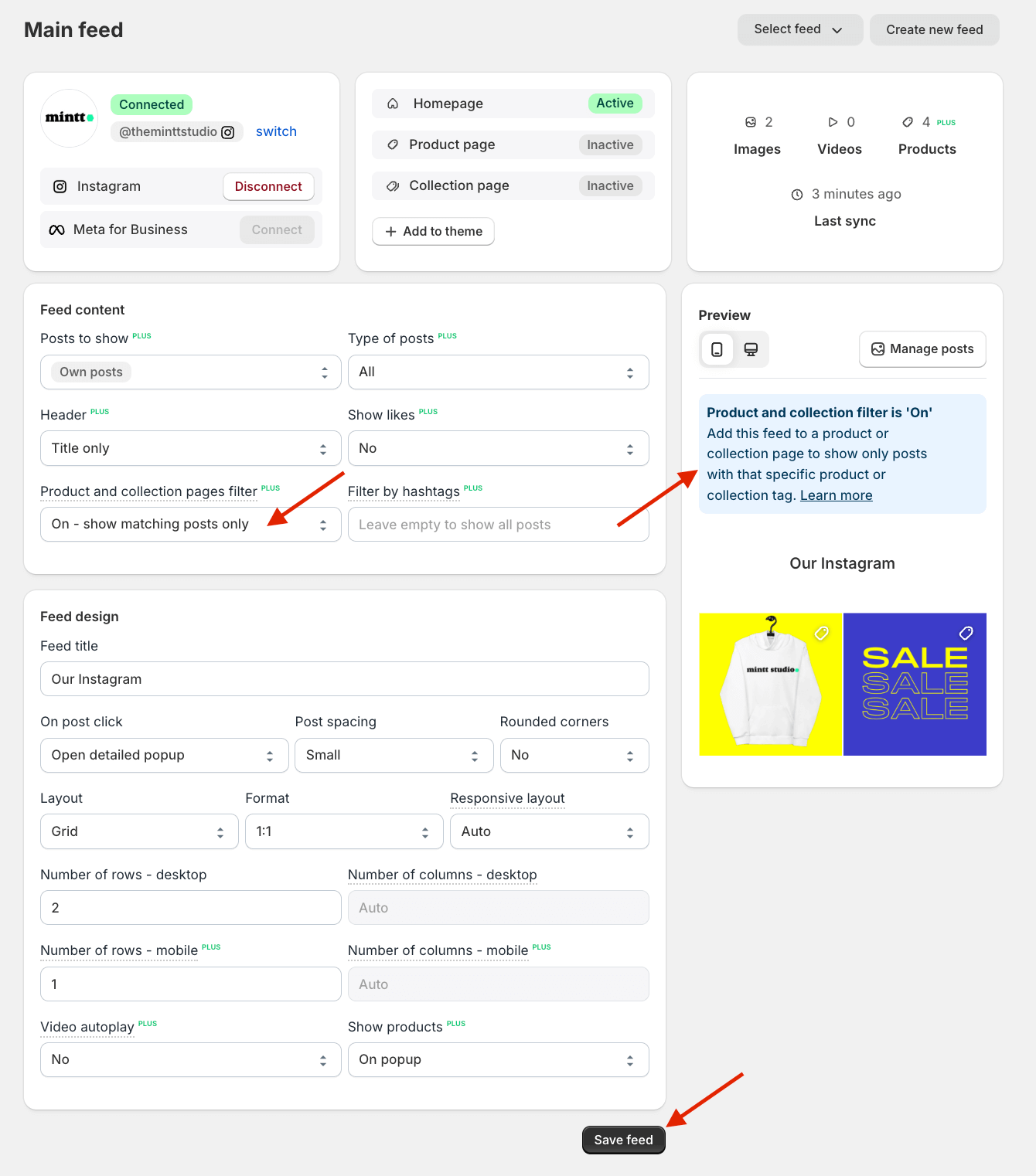 Screenshot of Instafeed app dashboard, with red arrows pointing to the Product and collection filter setting when activated.
