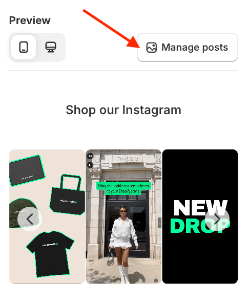 Screenshot of the Instafeed app, showing a red arrow pointing to the manage posts button.