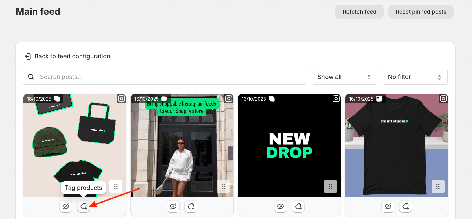 Screenshot of the Instafeed app user interface, showing a red arrow pointing to the tag products button.