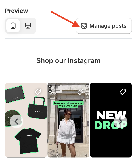 Screenshot of Instafeed app showing the preview of an Instagram feed, and a red arrow pointing to the manage posts button.