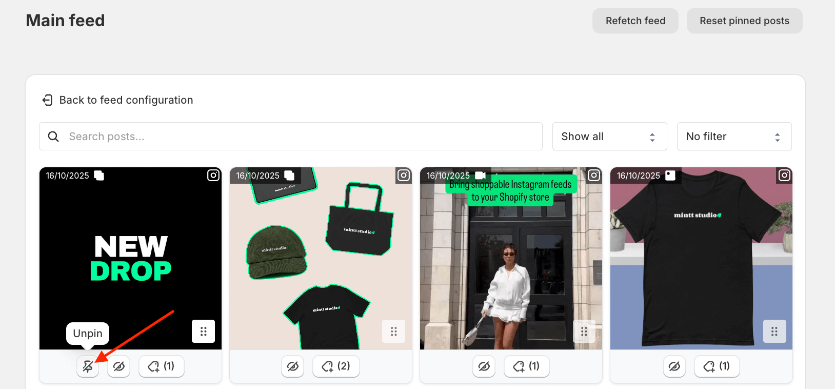 Screenshot of Instafeed app with a red arrow pointing to the unpin button.
