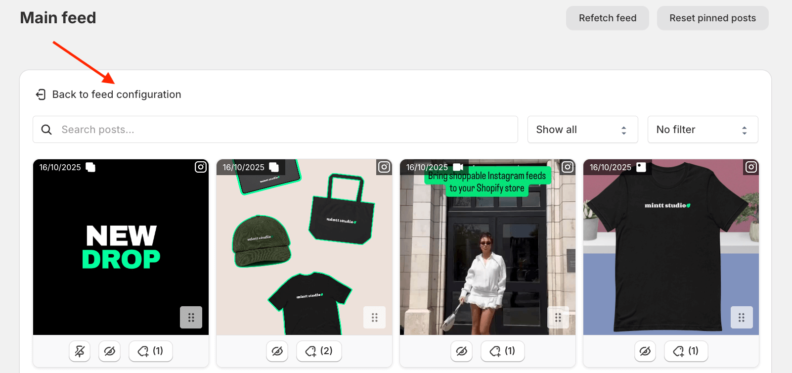 Screenshot of the Instafeed app, showing a red arrow pointing to the back to feed configuration button.