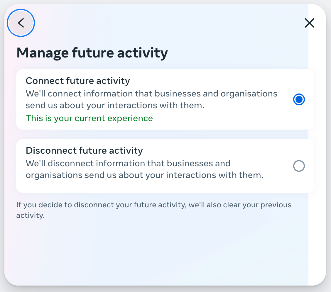 Manage future activity on Facebook, showing the 