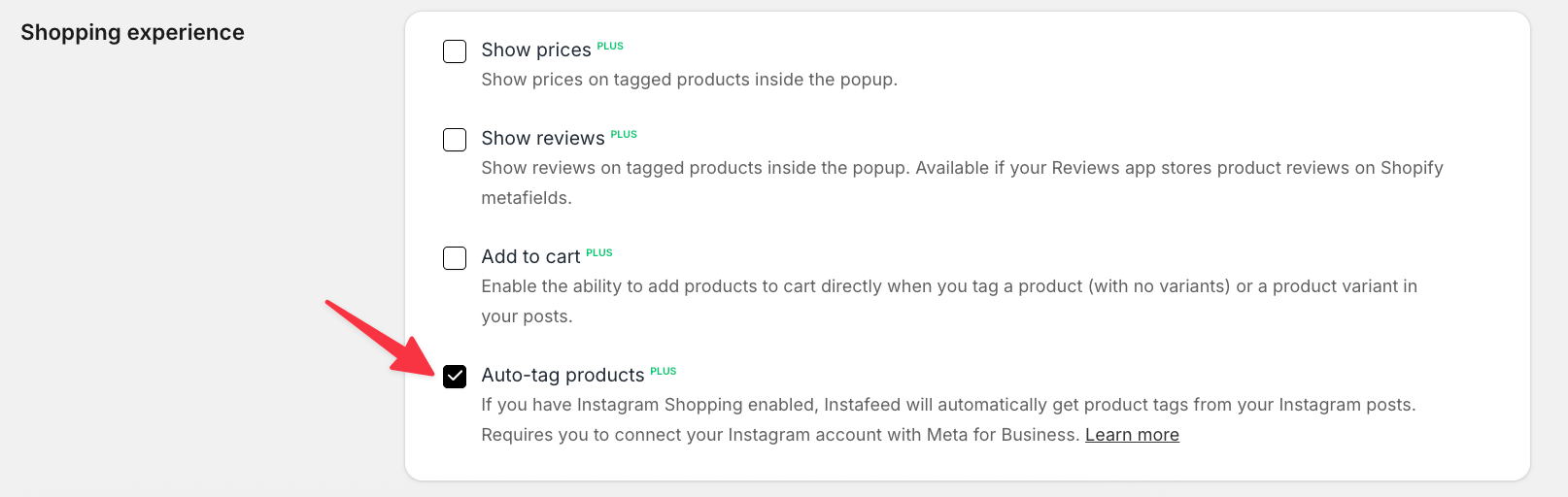 Instafeed settings screen, showing the shopping experience section with a red arrow pointing to auto-tag products.