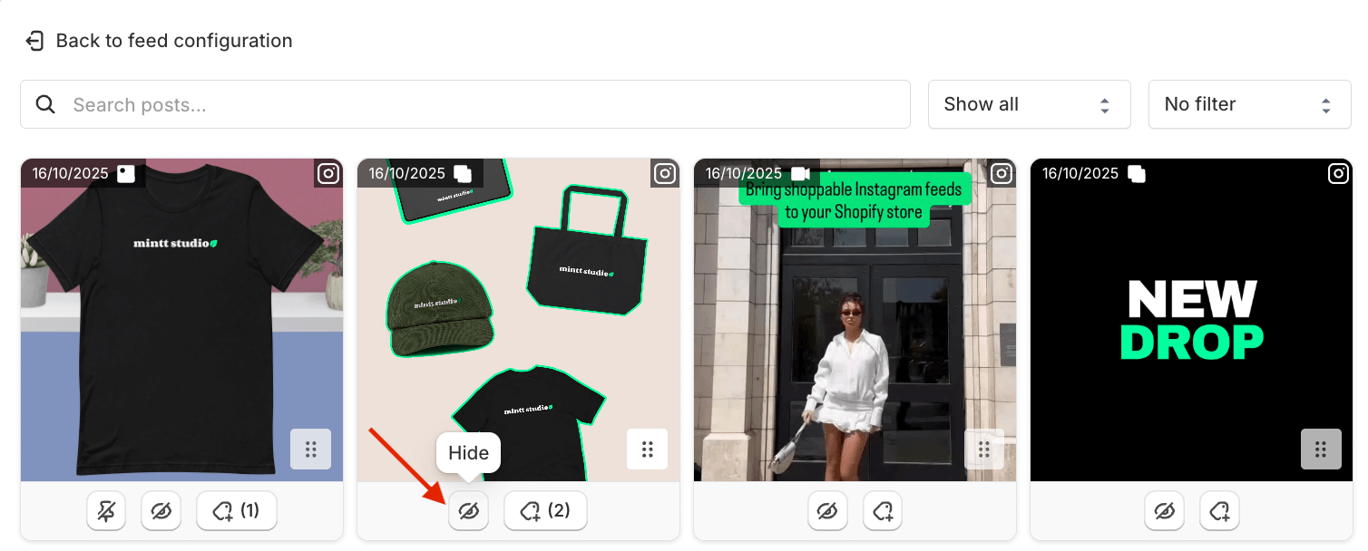 Instafeed app manage posts screen showing four Instagram posts, with a red arrow pointing to the hide button.