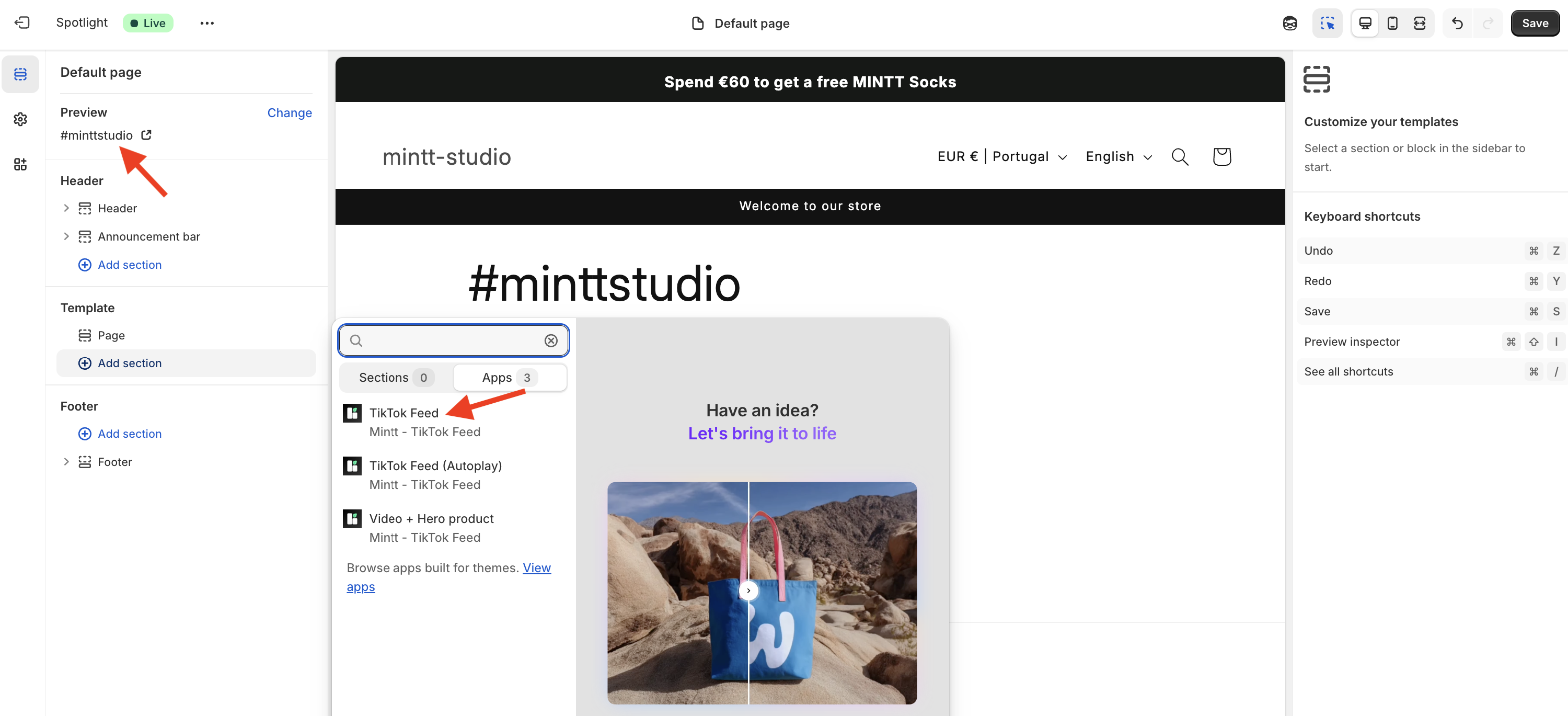 Shopify theme editor showing the TikTok Feed section and the current page highlighted.
