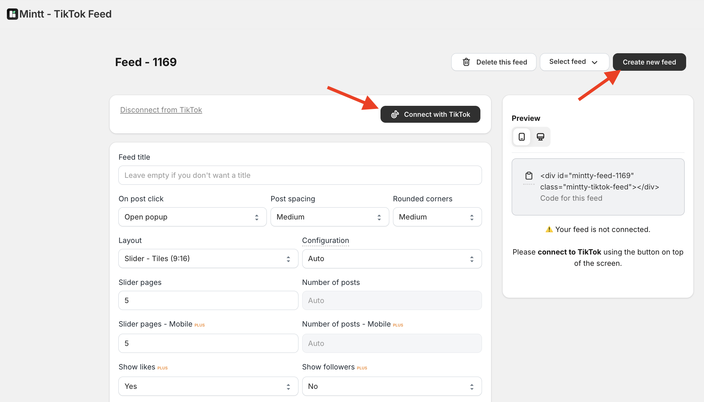 Mintt – TikTok Feed dashboard highlighting the option to create a new feed and connect to TikTok.