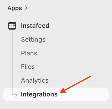 Instafeed app menu on Shopify left bar, with a red arrow pointing to the integrations page.