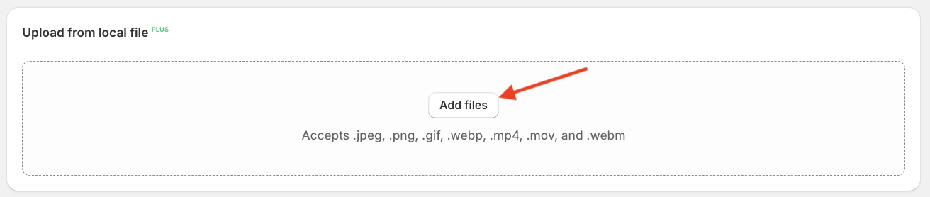 Screenshot of the Instafeed app user interface, showing the upload from local file section with Add files button highlighted.