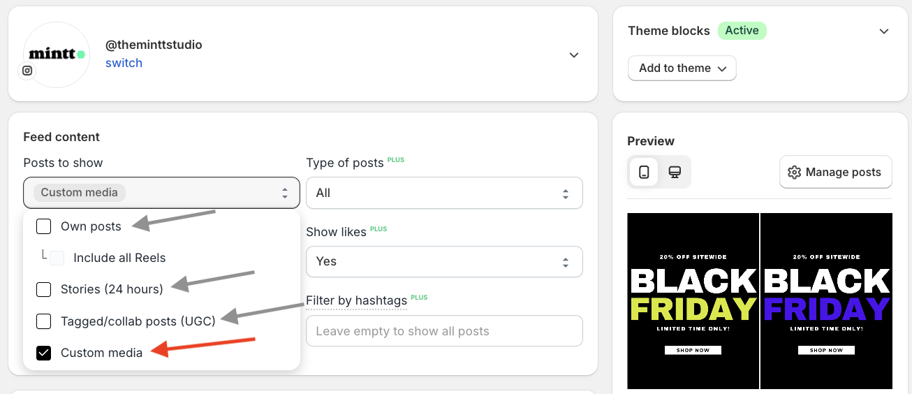 Instafeed app page with posts to show options highlighted.