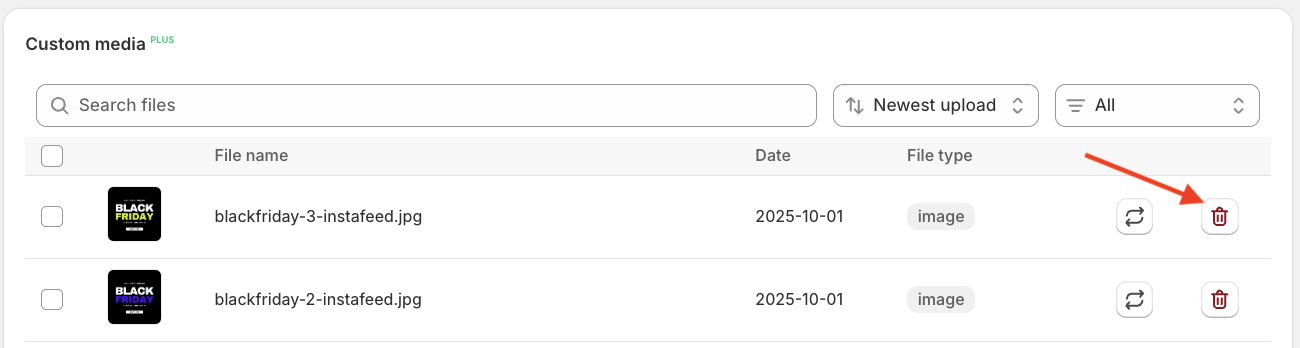 Uploaded files section with delete button highlighted