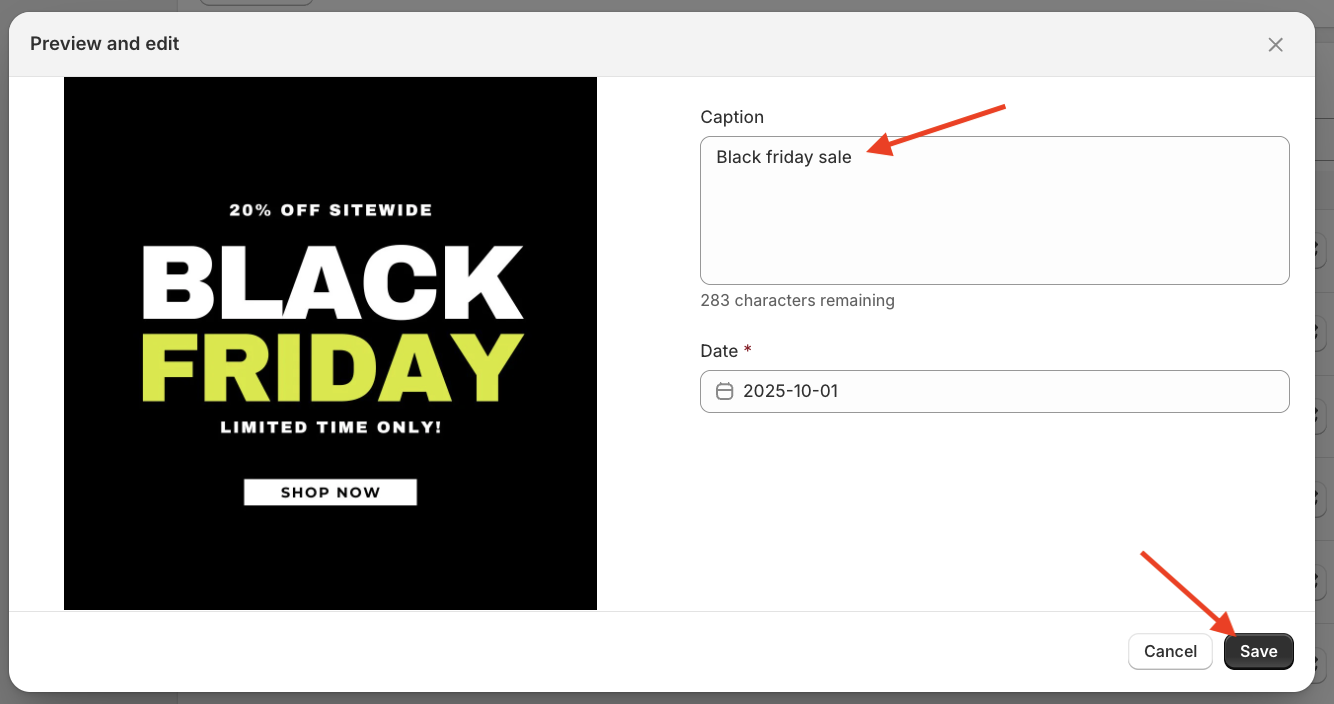 Preview and edit section showing how to add a caption