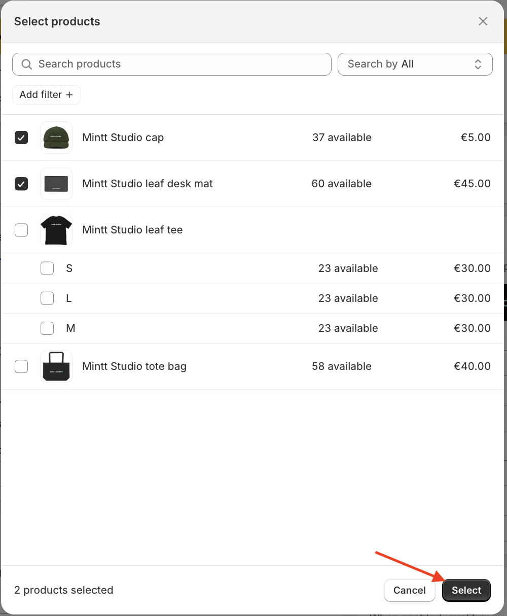 Red arrow pointing to the Select button of the Mintt - Free Gift app.