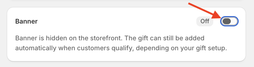 Red arrow pointing to the enable/disable banner toggle of the Mintt - Free Gift app.