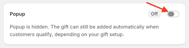Red arrow pointing to the enable/disable popup toggle of the Mintt - Free Gift app.