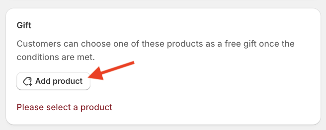 Red arrow pointing to the Add product button of the Mintt - Free Gift app.
