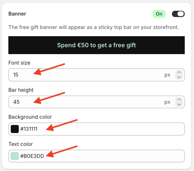 Four red arrows pointing to the Font size, Bar height, Background color and Text color options of the Mintt - Free Gift app.