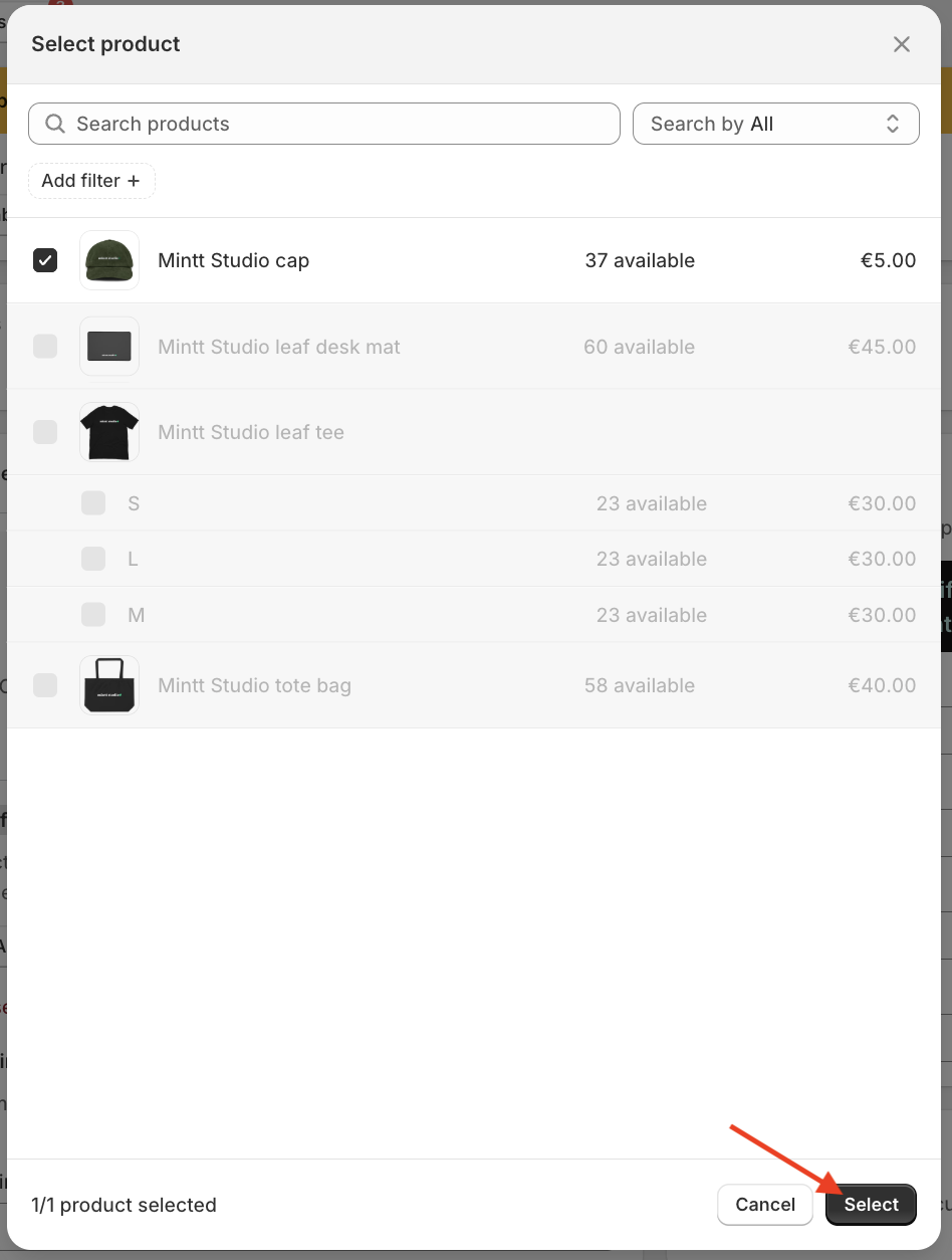 Red arrow pointing to the Select button of the Mintt - Free Gift app.