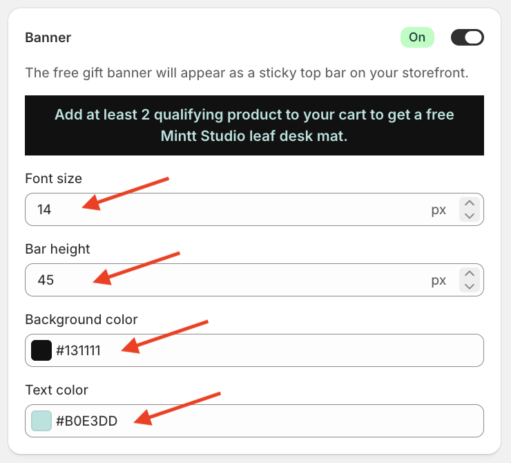 Four red arrows pointing to the Font size, Bar height, Background color and Text color options of the Mintt - Free Gift app.