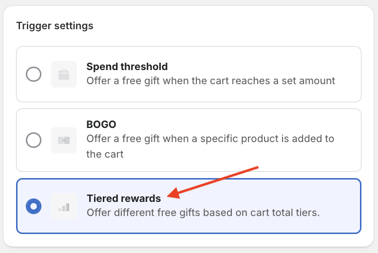 Red arrow pointing to the Tiered rewards option of the Mintt - Free Gift app.