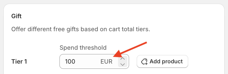 Red arrow pointing to Tier 1 spend threshold of the Mintt - Free Gift app.