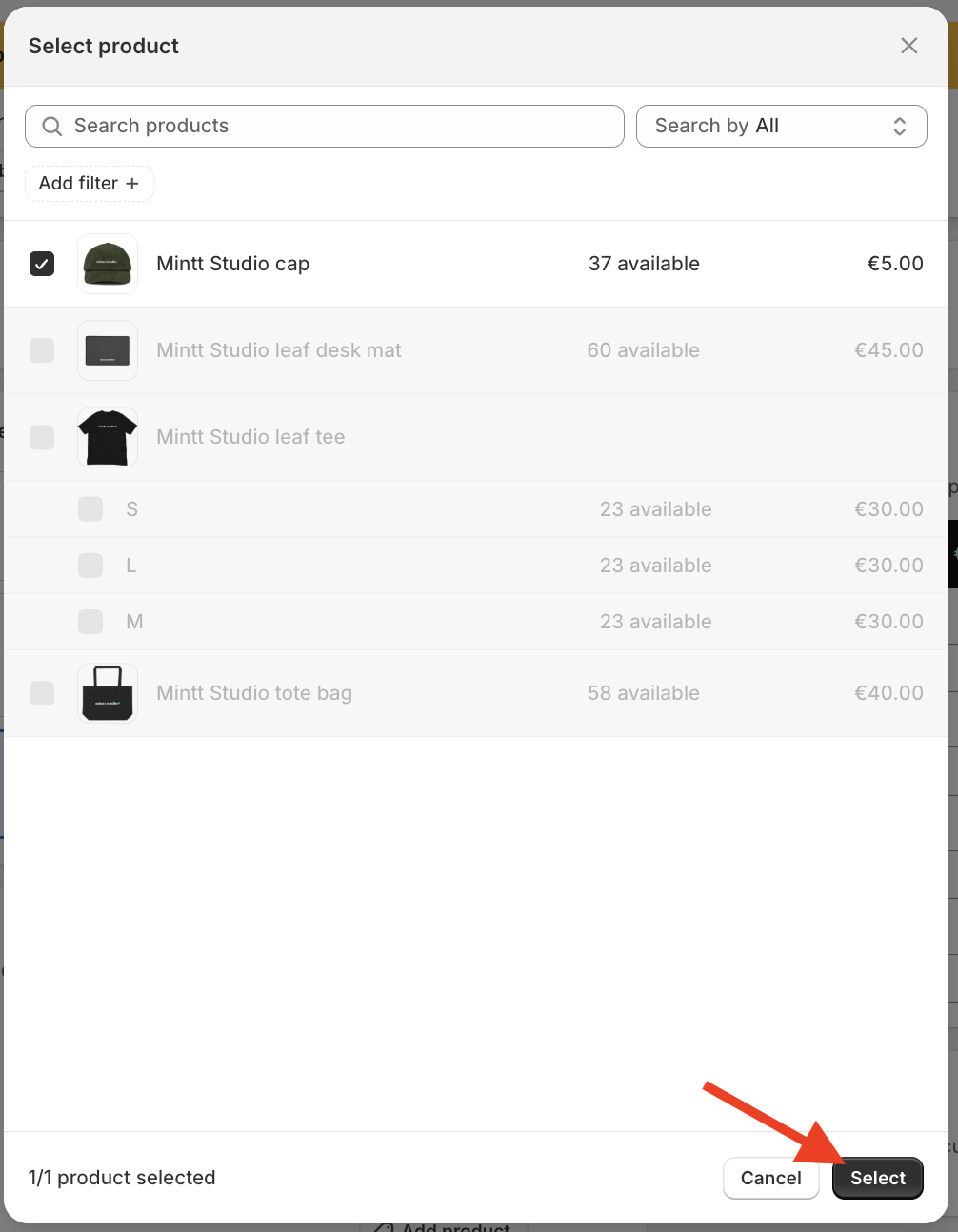 Red arrow pointing to the Select button of the Mintt - Free Gift app.