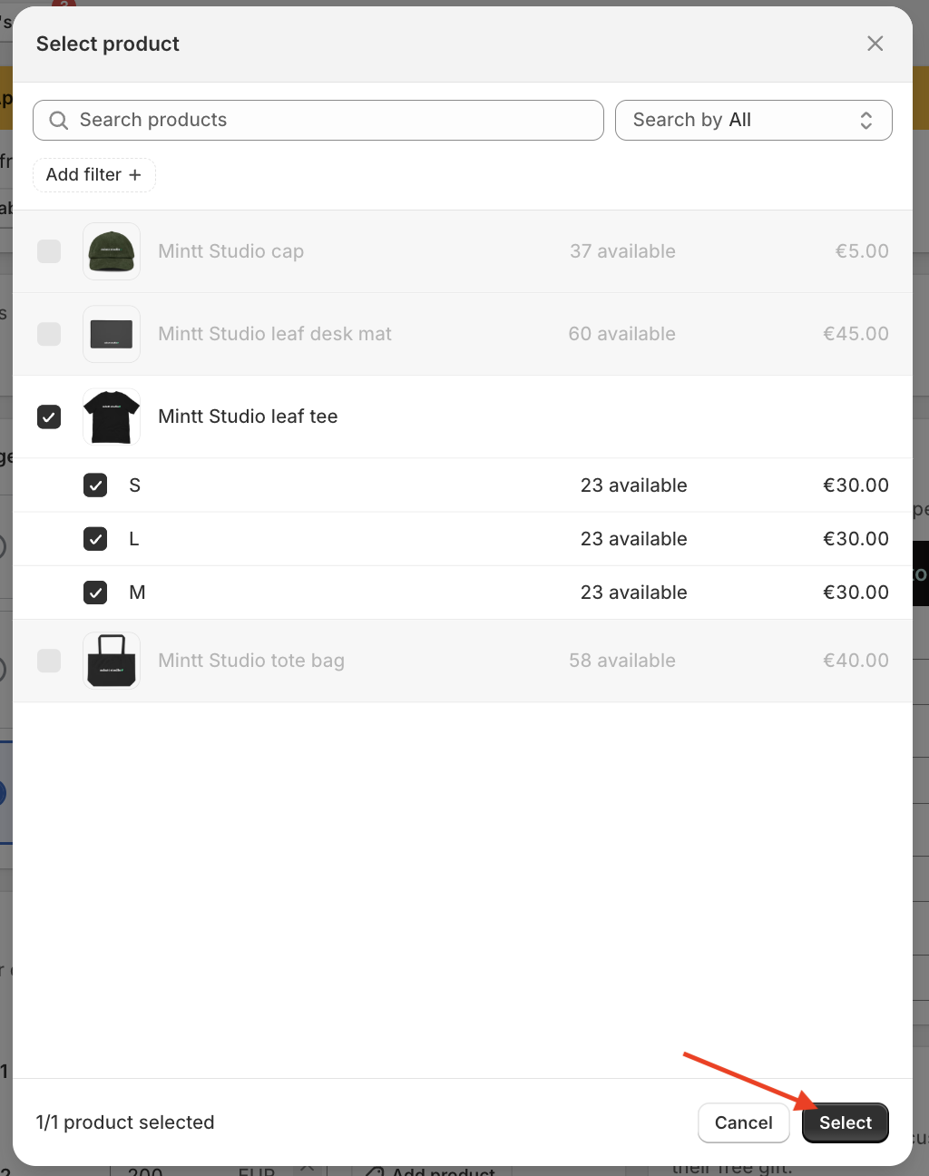 Red arrow pointing to the Select button of the Mintt - Free Gift app.