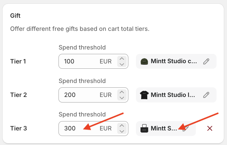 2 red arrows pointing to Tier 3 spend threshold and selected product of the Mintt - Free Gift app.