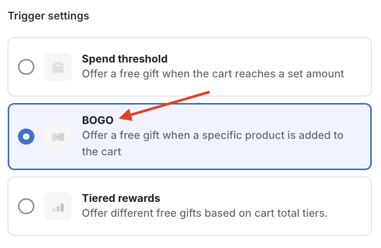 Red arrow pointing to the BOGO option of the Mintt - Free Gift app.