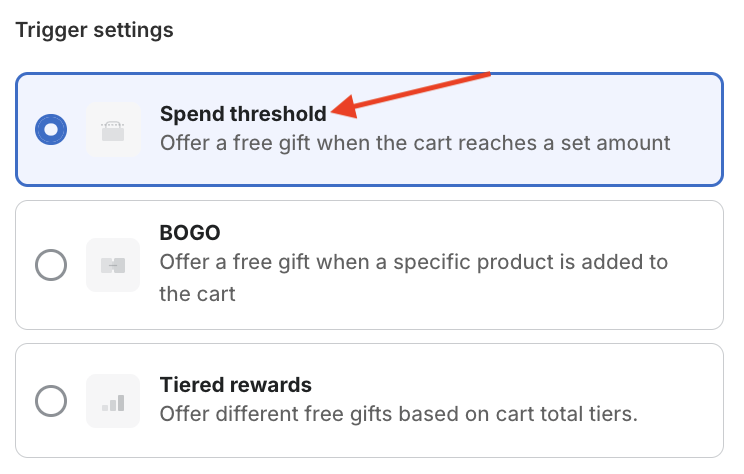 Red arrow pointing to the Spend threshold option of the Mintt - Free Gift app.