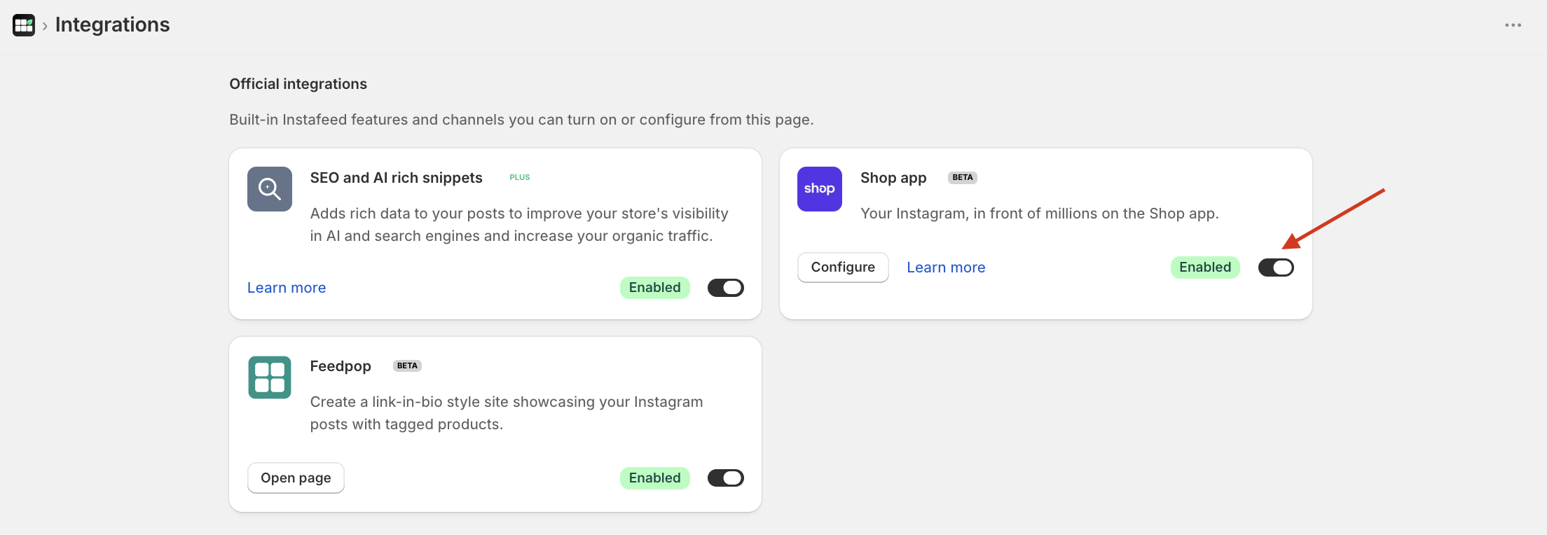Mintt Instafeed Shopify app UI, showing a red arrow pointing to enable Shop app, under Integrations.
