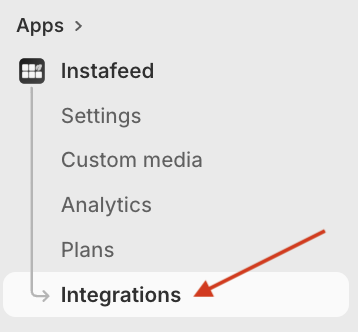 Mintt Instafeed Shopify app UI, showing a red arrow pointing to Integrations on the app menu.