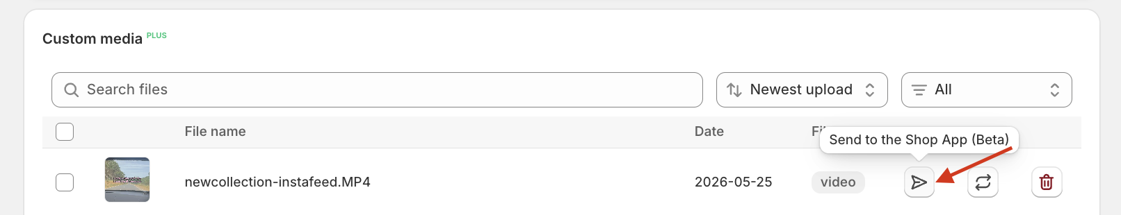 Mintt Instafeed Shopify app UI, showing a red arrow pointing to the Send to the Shop app button, under Custom media.