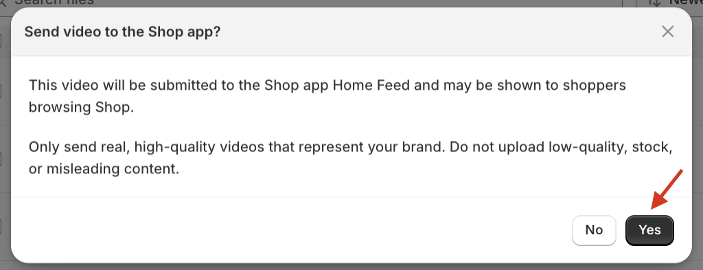 Mintt Instafeed Shopify app UI, showing the Send video to the Shop app? confirmation modal, with a red arrow pointing to the Yes button.