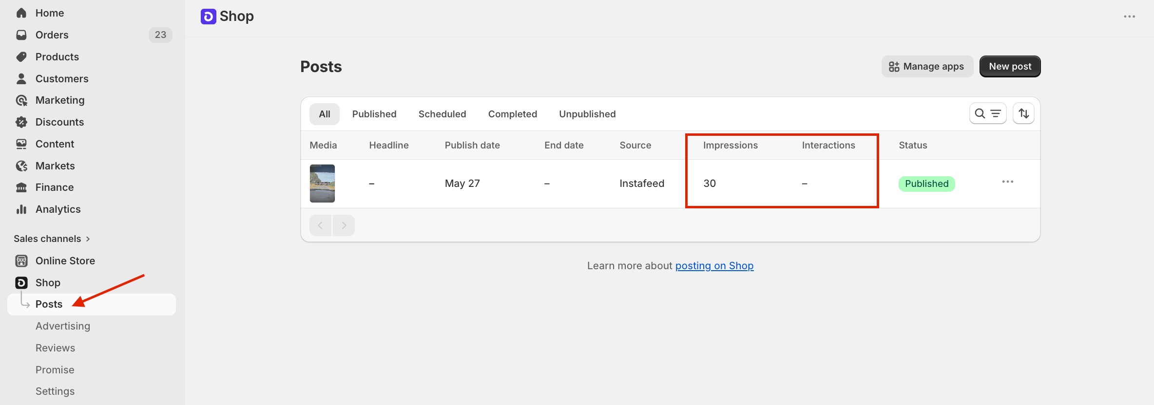 Shop app posts on the Shopify admin, with a red box around impressions and interactions.