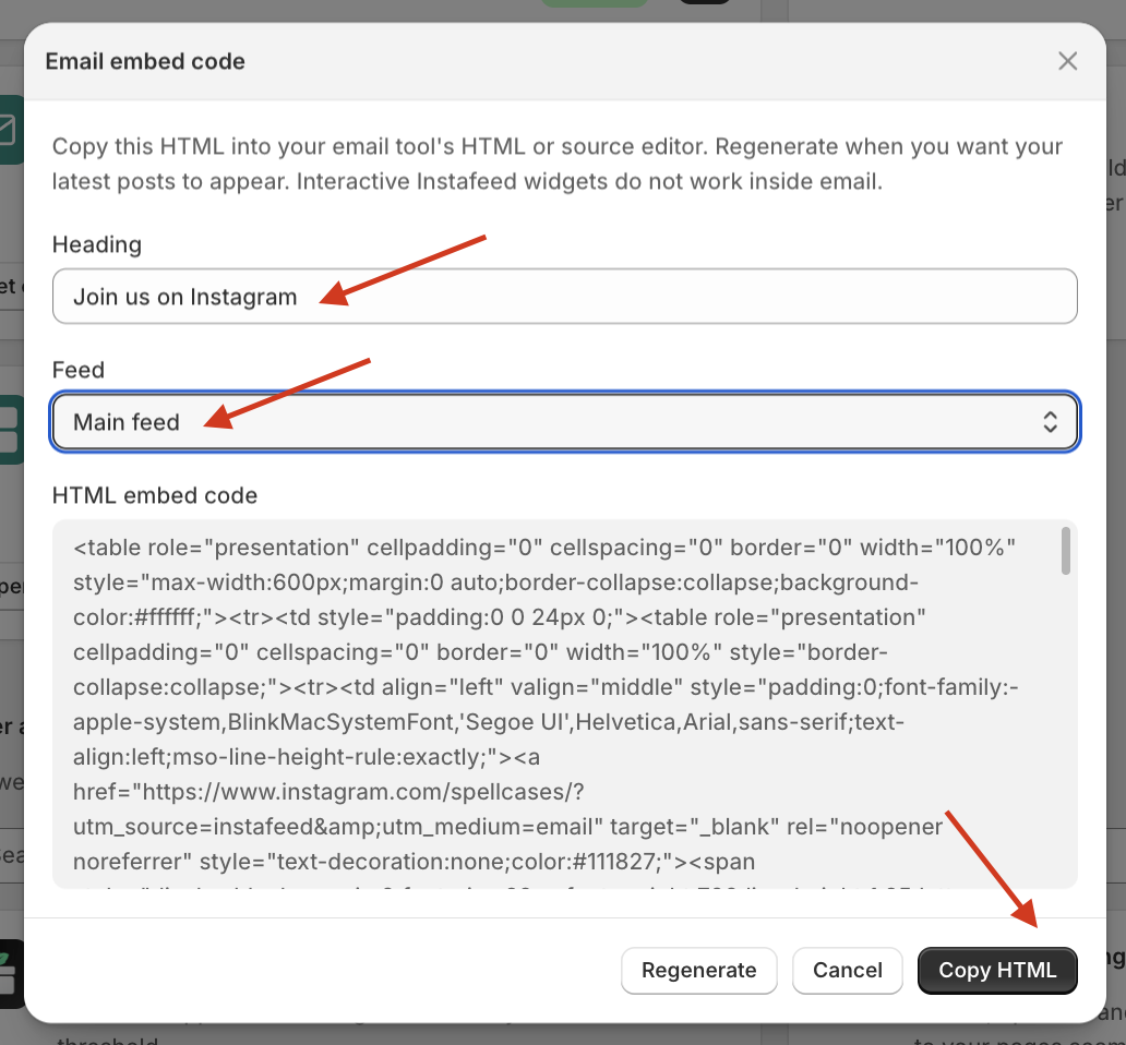 Mintt Instafeed app UI showing the email embed code pop-up, with red arrows pointing to the heading and feed fields, and the copy html button.