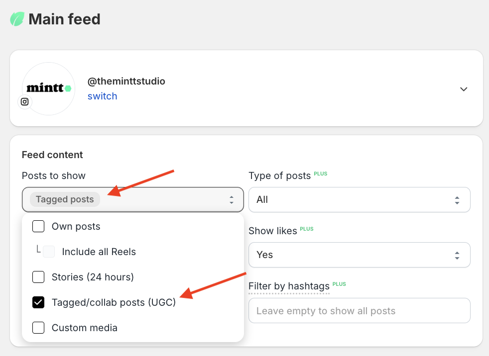 Screenshot of Instafeed app showing the option Instagram tagged posts selected under posts to show, with a red arrow pointing to it.