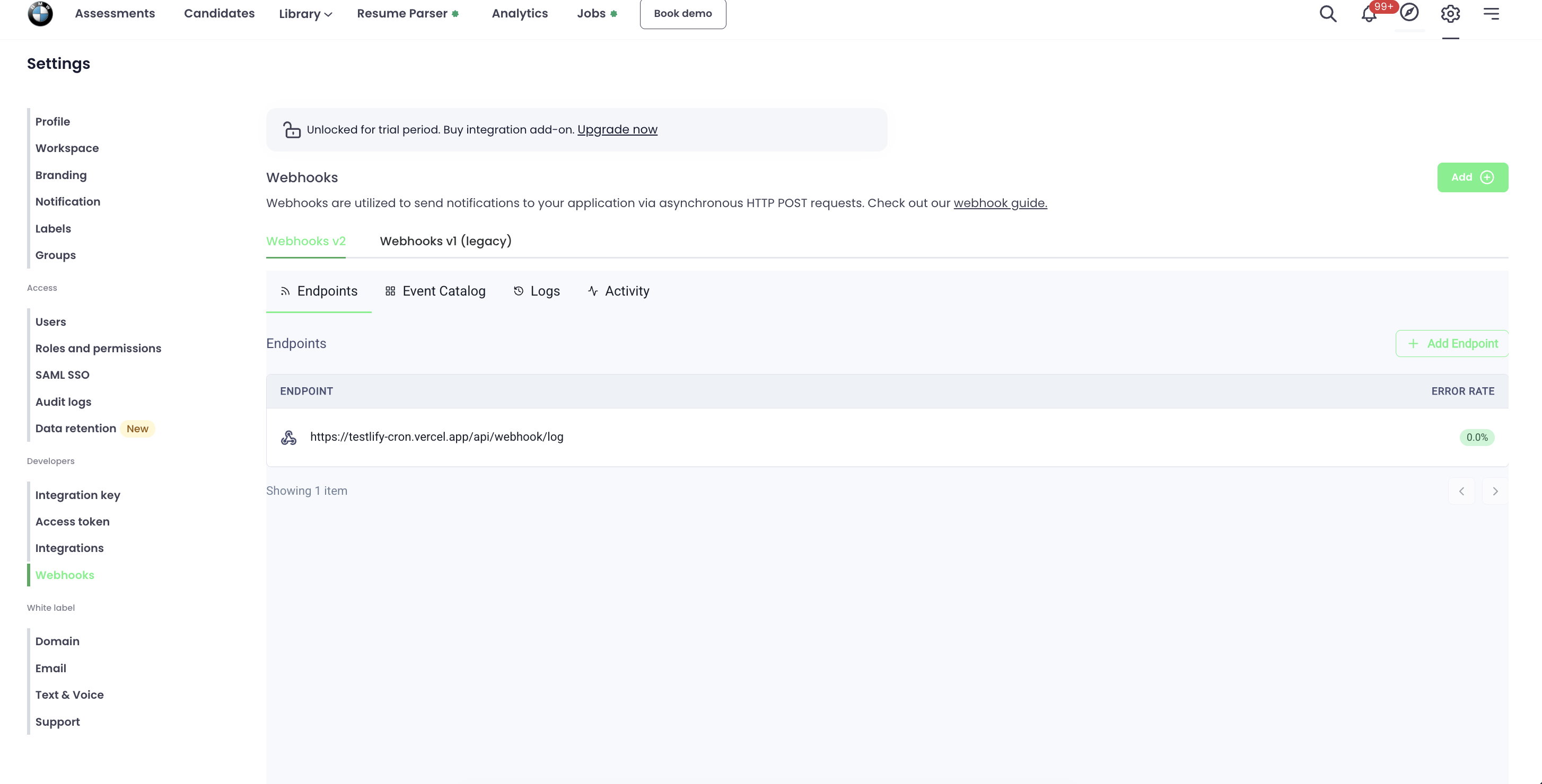 Webhooks v2 and v1 tabs