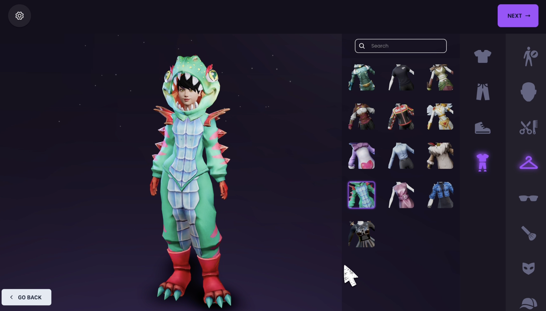 Avatar customization interface showing various options