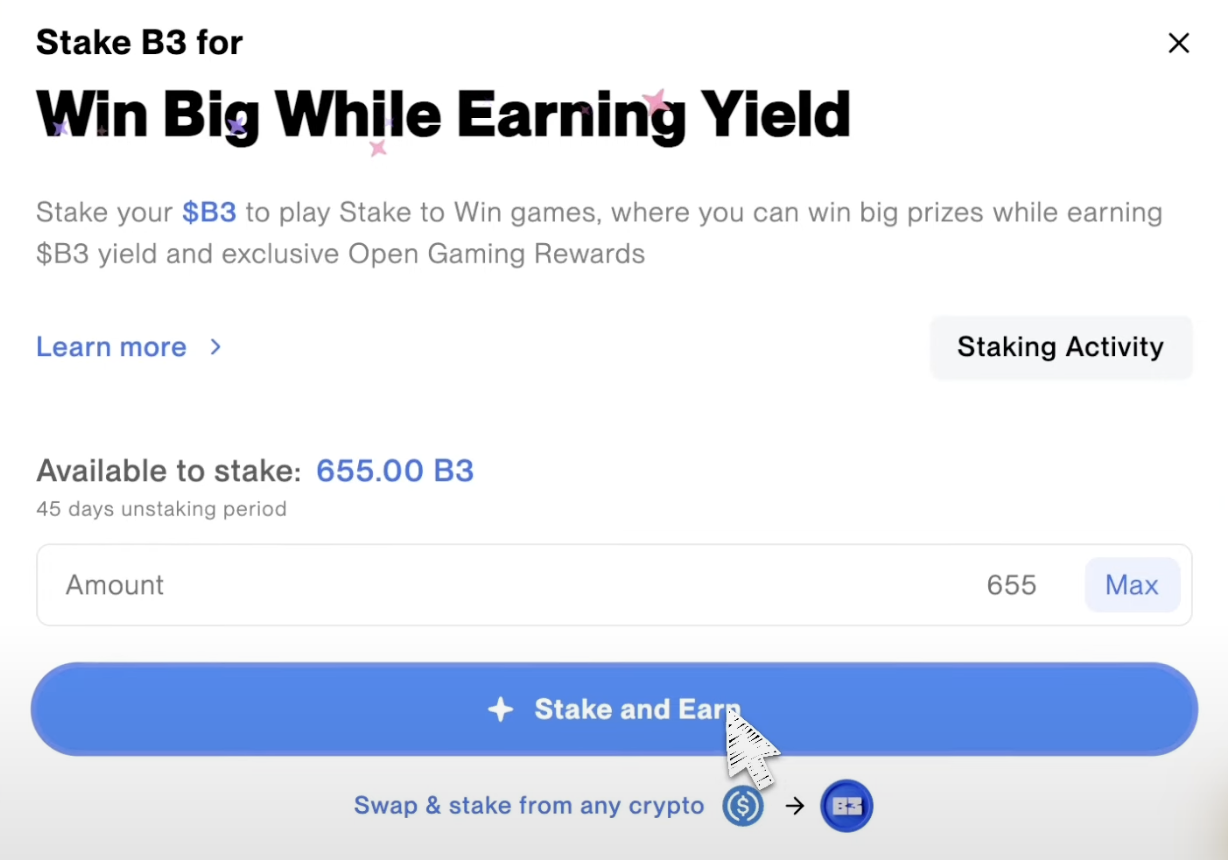 Amount input field with Stake and Earn button