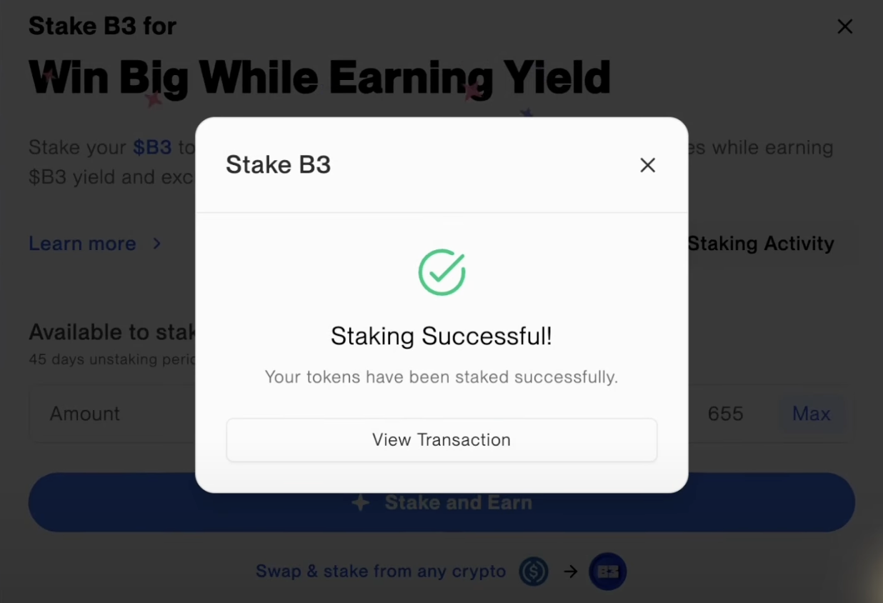 Wallet confirmation dialog for staking transaction