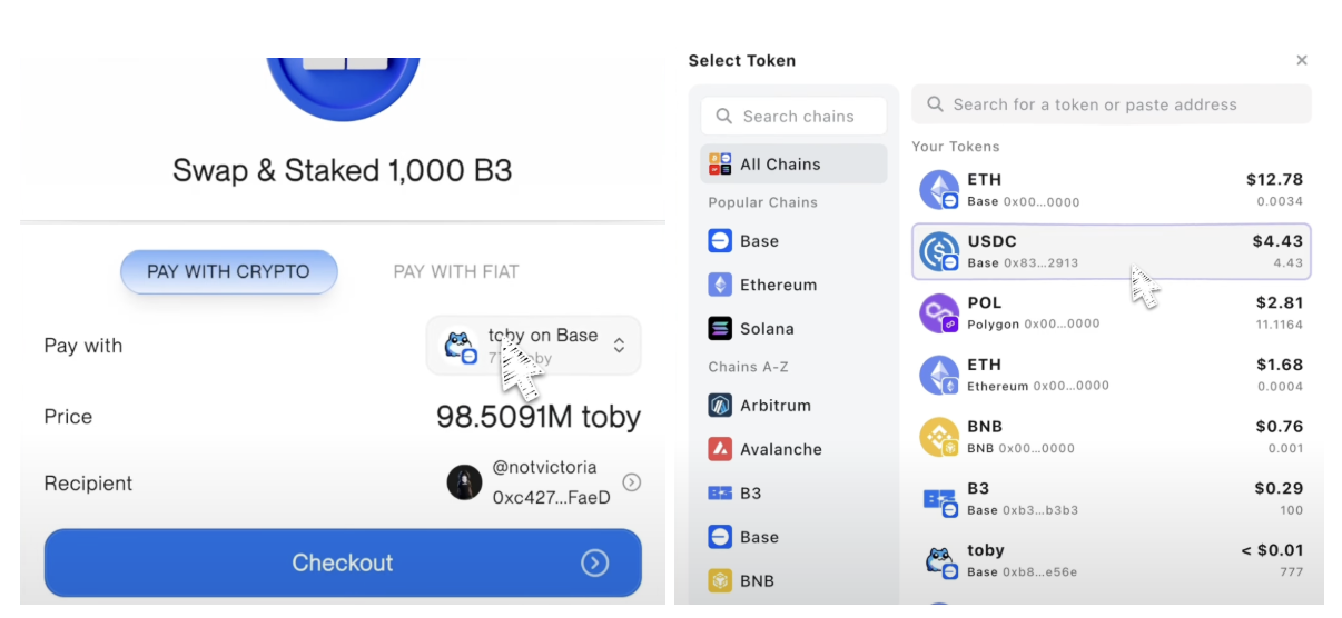 Token and chain selection interface
