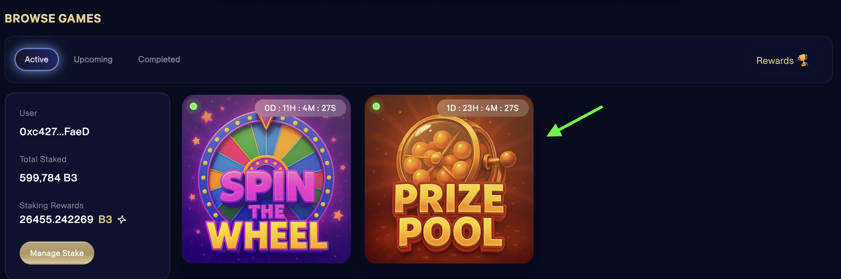 Browse Games section with Prize Pool option highlighted