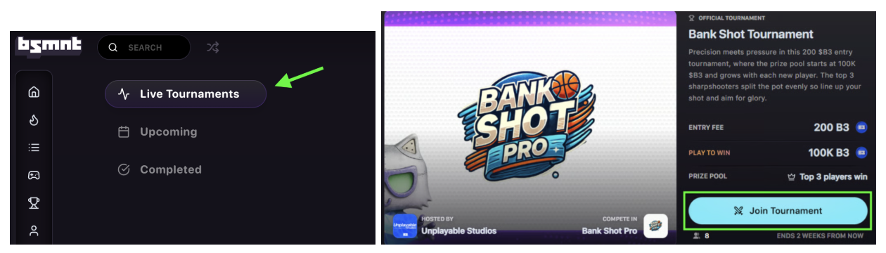 Live tournaments list with available competitions