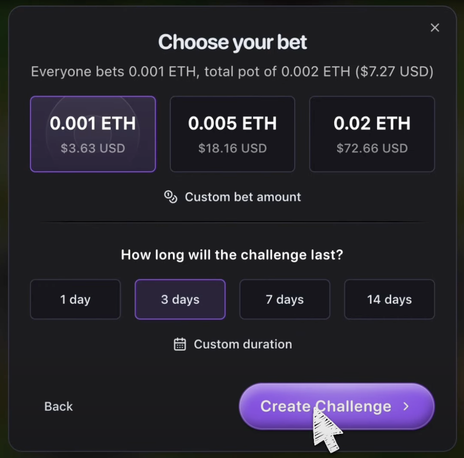 Wager amount and duration selection interface