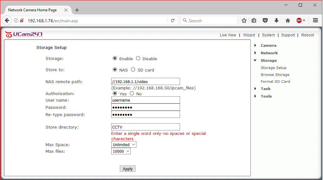 Setting up recording to a NAS drive. UCAM247 Home Security Cameras