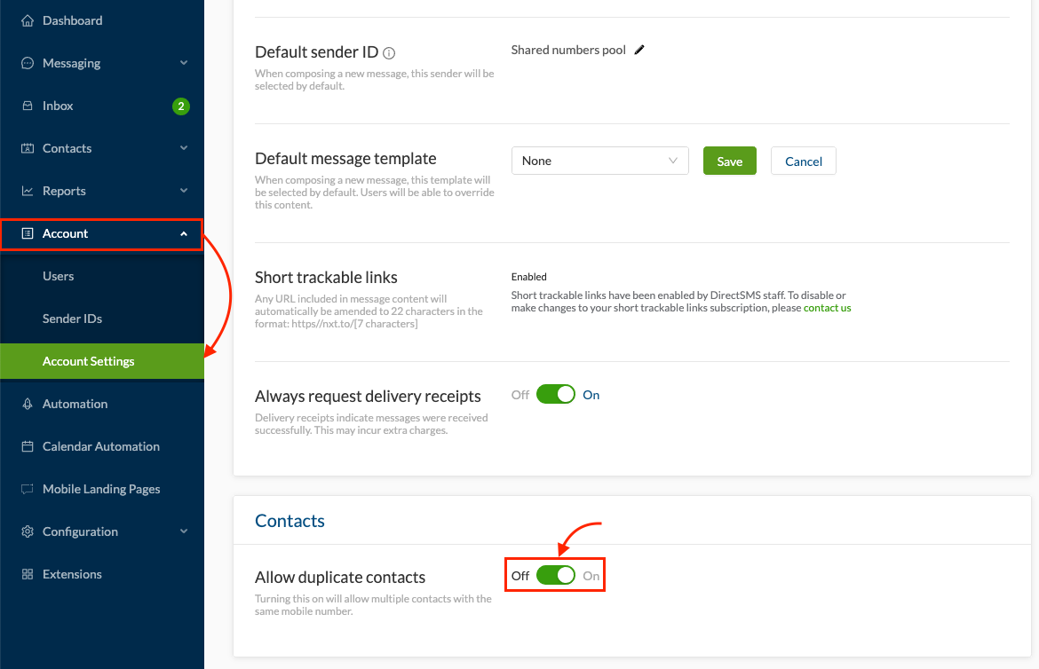 Allowing duplicate contacts Direct SMS