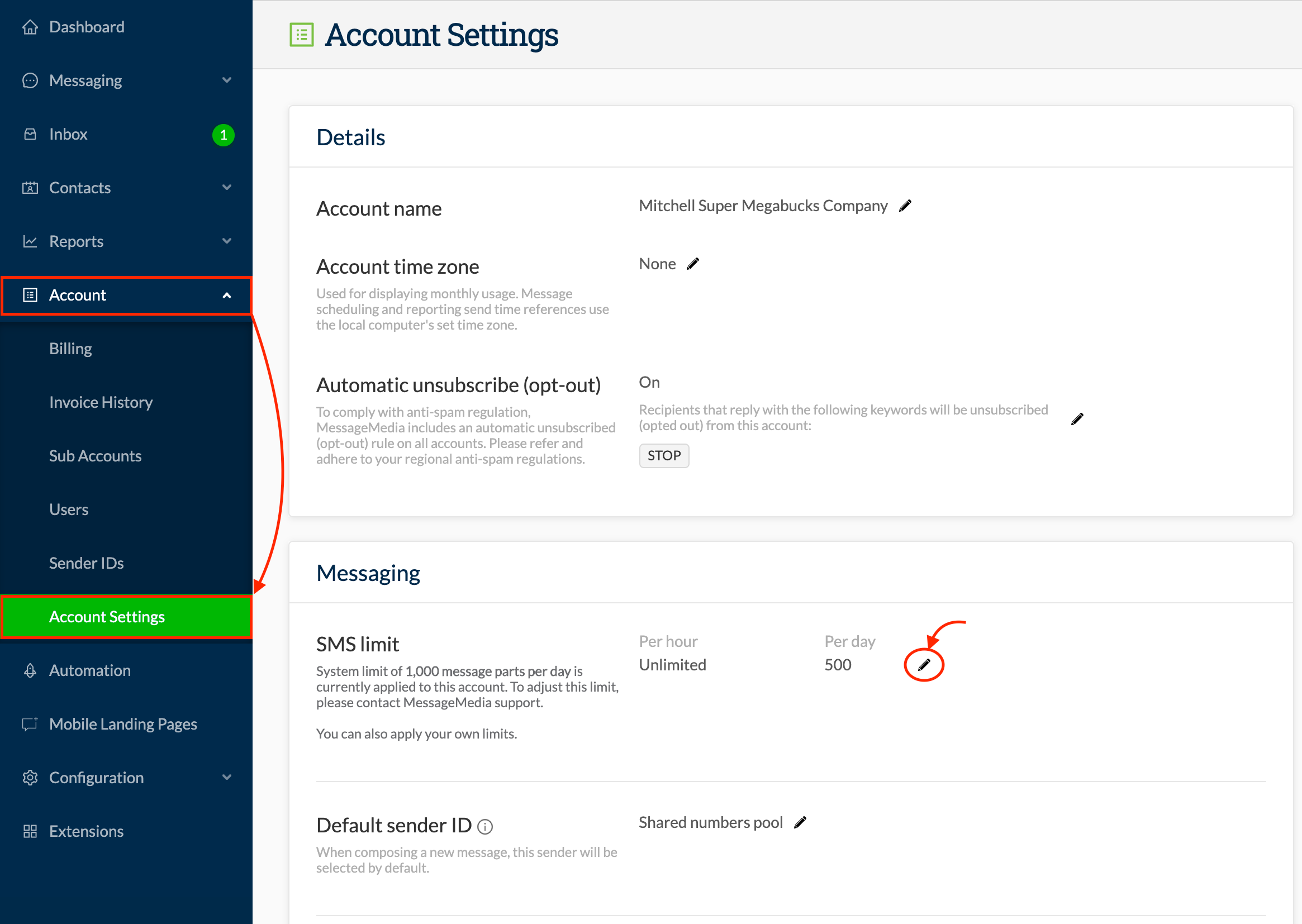 Creating Modifying SMS Limit Direct SMS