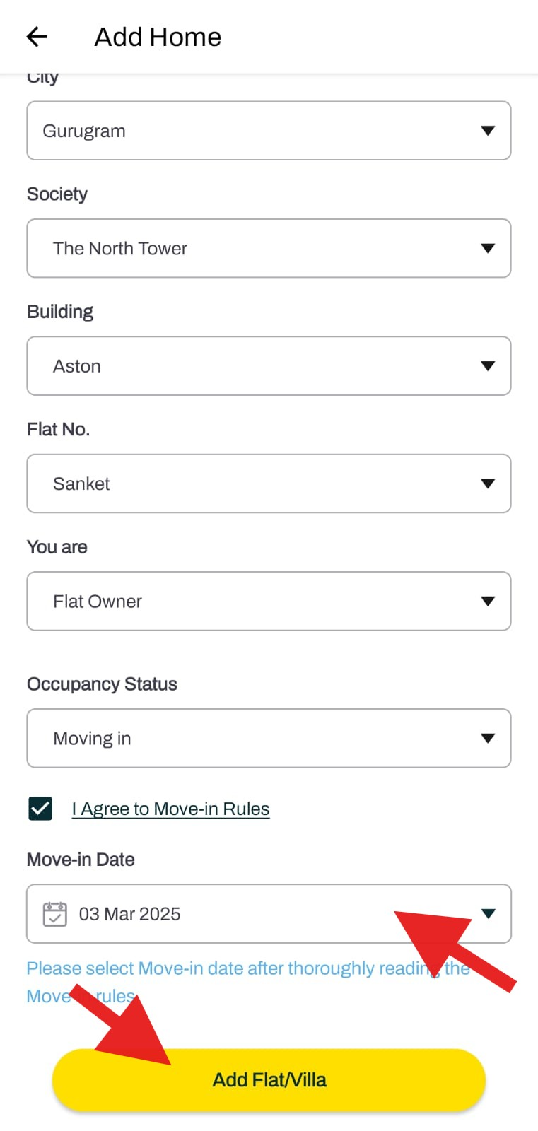 How can I raise move-in request from the application? | Mygate